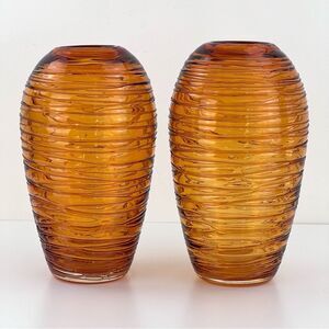 Eastern Amber Applied Threading Art Glass Hand Blown Vases Fulvio Bianconi Style